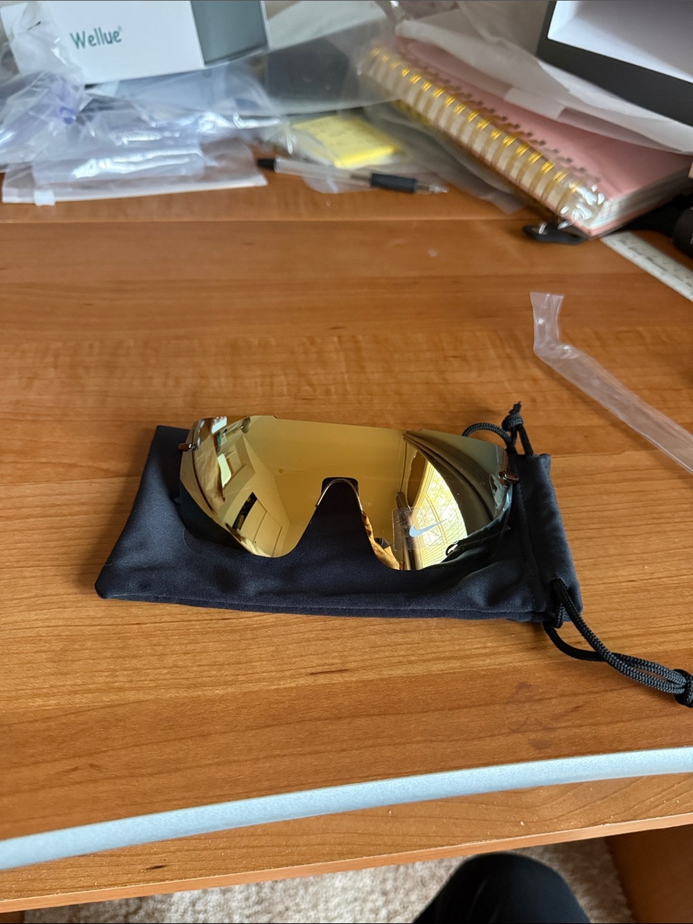 Nike Gold mirror meridian Shield Sunglasses with Blue Temples